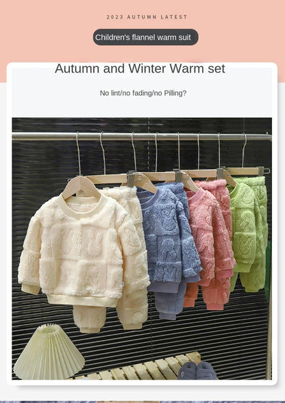 Warm girls' plush pajama set, cozy for home and sleep, winter essential