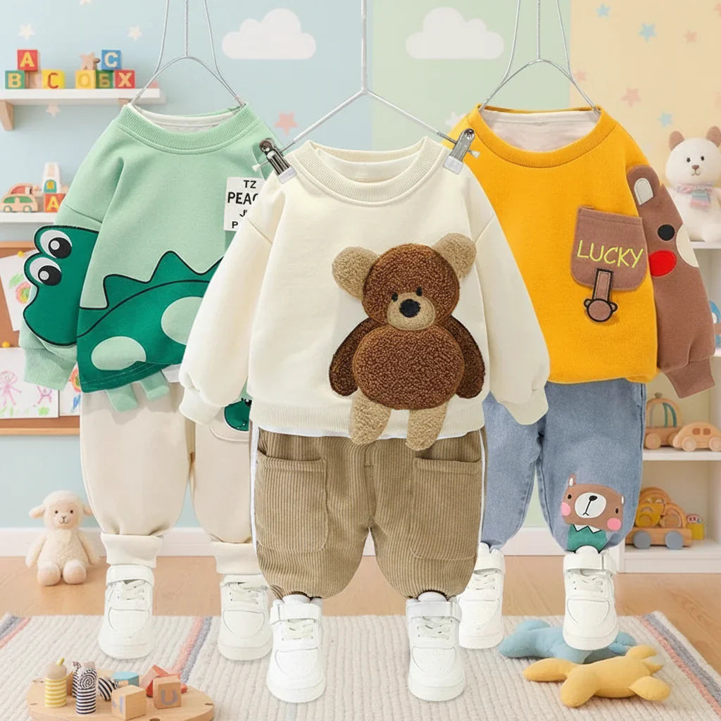 Cozy kids' two-piece warm cotton cartoon pattern pullover & pants set for toddlers