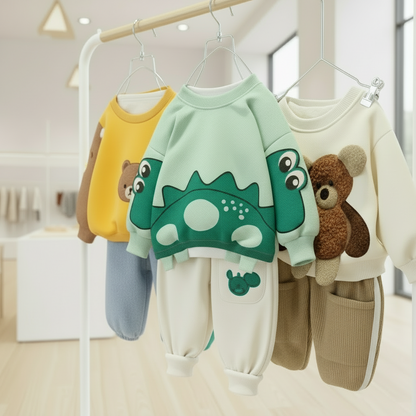 Unisex infant warm cotton pullover and pant set with cute cartoon design, two-piece outfit