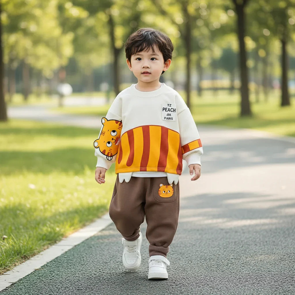 Soft cotton kids' two-piece clothing set, warm pullover and trousers for baby boys/girls