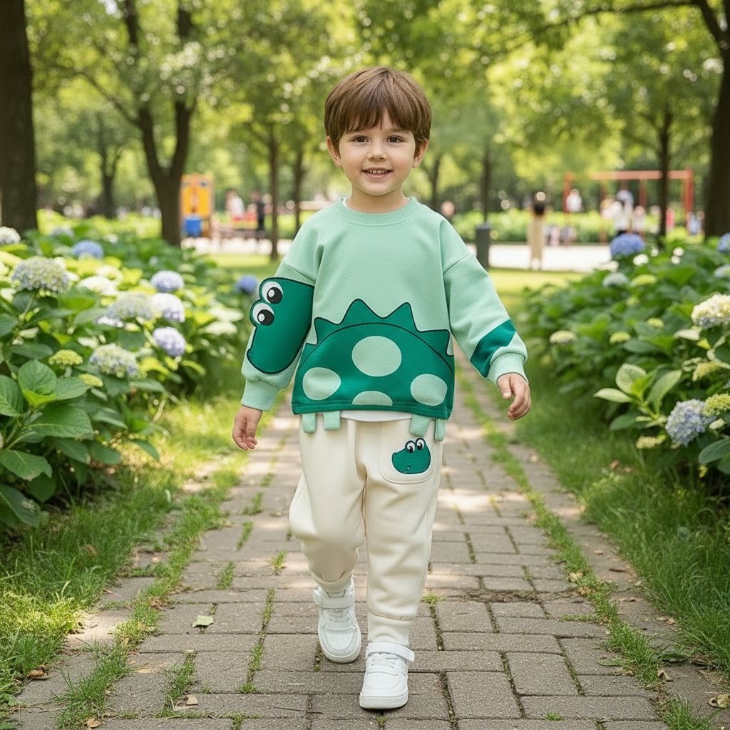Toddler's cozy cotton two-piece outfit, warm pullover with playful cartoon print for infants