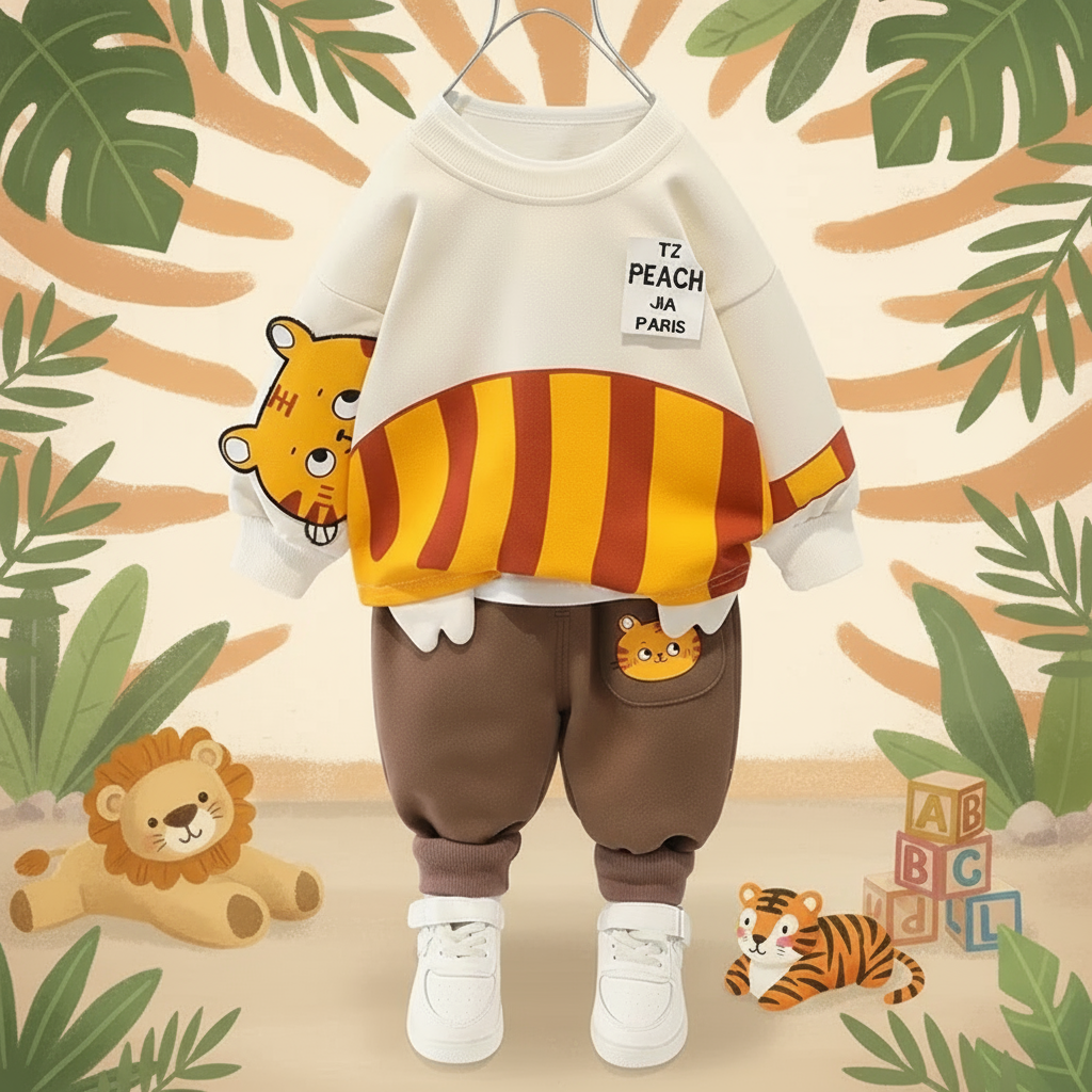 Warm cotton baby clothes set, two-piece pullover & pants with fun cartoon for kids