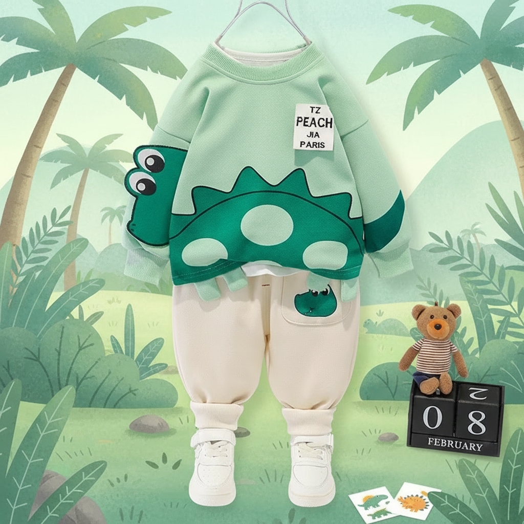 Comfortable unisex toddler outfit: warm cotton two-piece pullover and trousers, cartoon pattern
