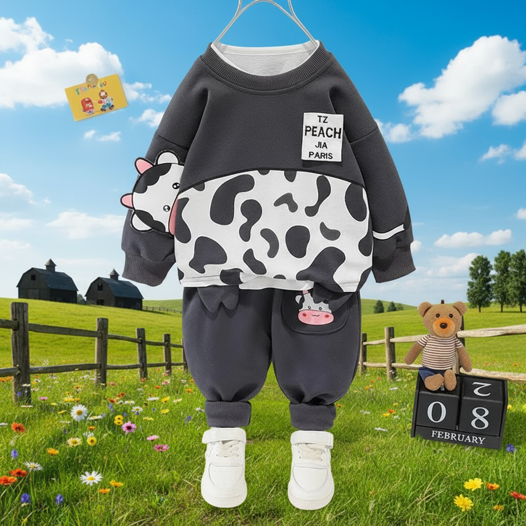 Kids' warm cotton two-piece set featuring comfy pullover and pants with adorable cartoon