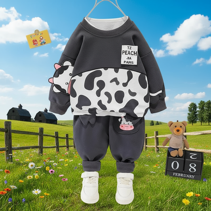 Kids' warm cotton two-piece set featuring comfy pullover and pants with adorable cartoon