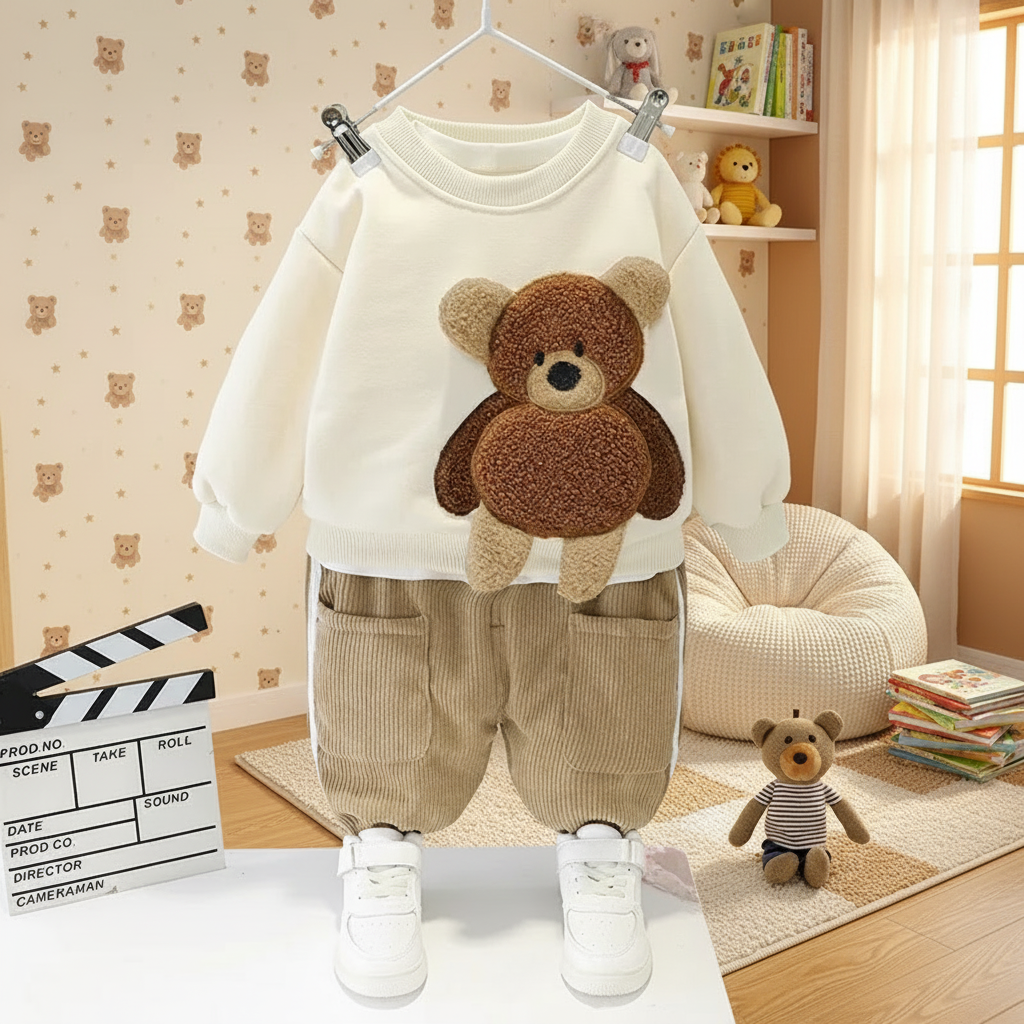 Infant two-piece warm cotton clothing set, cozy pullover & bottoms with charming cartoon