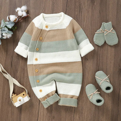 Cozy knitted baby romper onesie in neutral color, perfect for infants and toddlers in winter