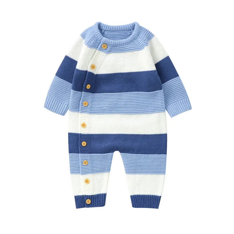 Full shot of a unisex knitted baby onesie, designed for warmth and comfort for babies and toddlers