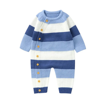 Full shot of a unisex knitted baby onesie, designed for warmth and comfort for babies and toddlers