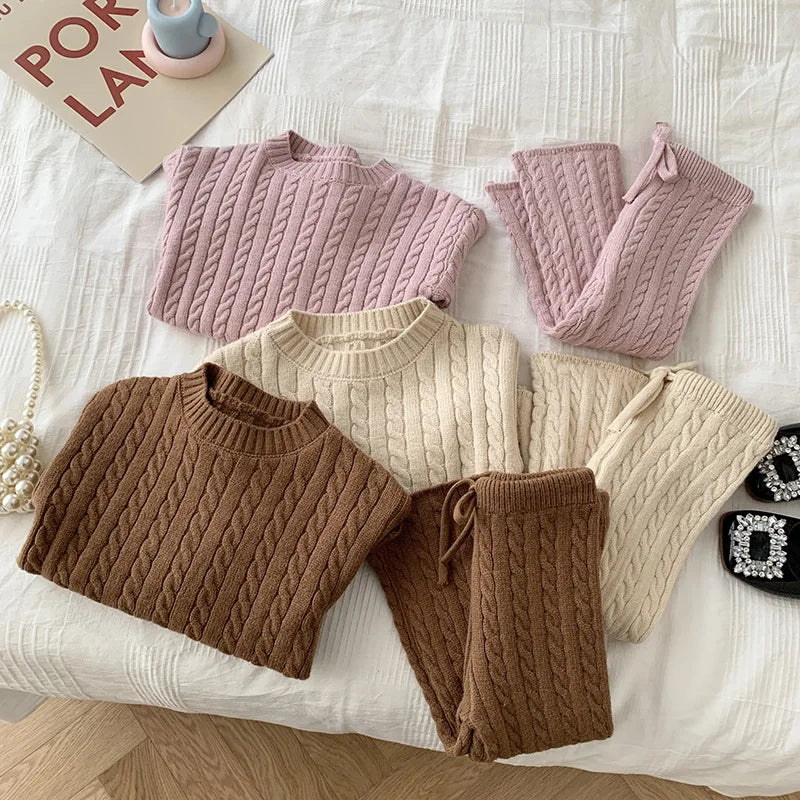 Cozy knitted sweater and pants set for girls, perfect fall winter toddler outfit.