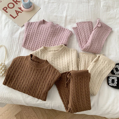 Cozy knitted sweater and pants set for girls, perfect fall winter toddler outfit.