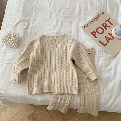 Soft knitted sweater and elastic waist pants for girls, comfortable toddler winter wear.