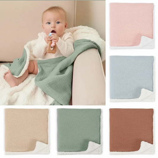 Cozy patchwork baby swaddle blanket of thick, soft, breathable polyester for newborn comfort