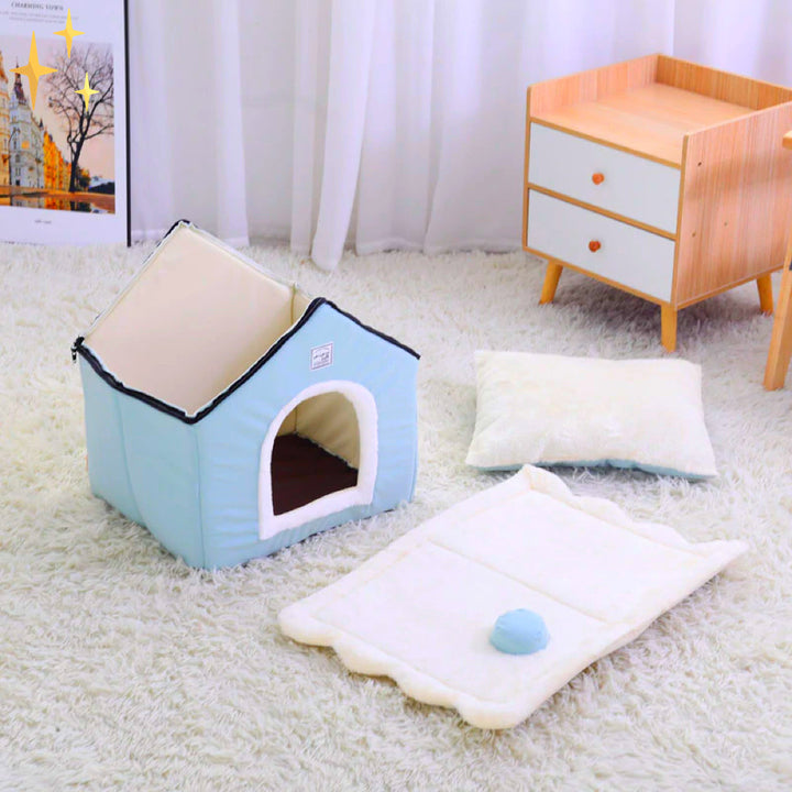 Luxurious cave-like pet bed, a soft DreamNest retreat for cats and small dogs seeking comfort.