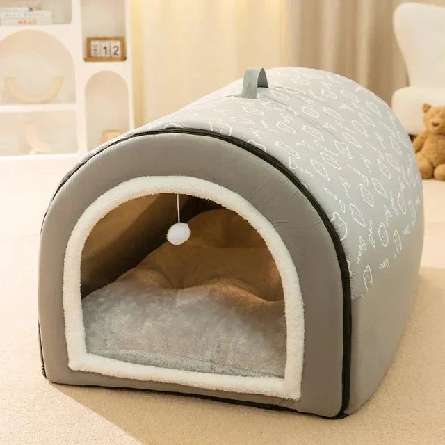 Cozy pet cave bed for dogs & cats, an enclosed den with an adorable print, perfect for small to medium pets.