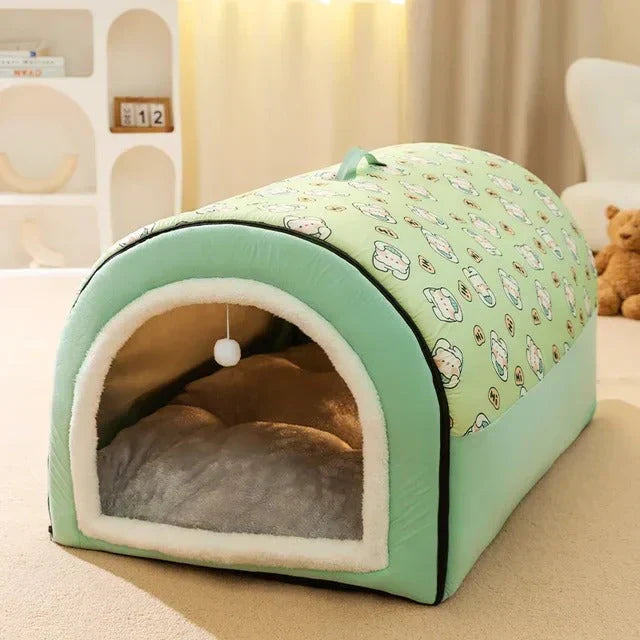Plush, washable pet cave bed with an enclosed design & cute print. Ideal cozy den for your dog or cat.
