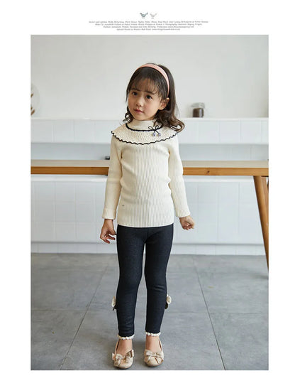 Comfortable elastic waist girls' leggings with decorative ankle bows, children's fashion