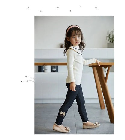High-quality cotton blend girls' leggings with discreet bow detail, winter & spring style