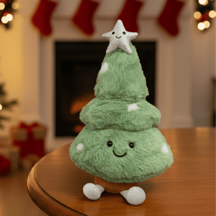 Cozy plush Christmas tree figurine, perfect festive holiday decor for living room or nursery.