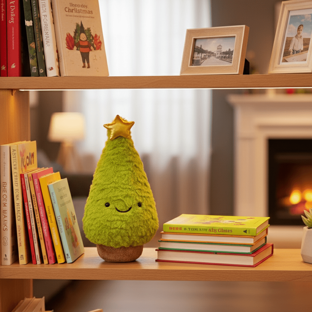 Small plush Christmas tree figurine, a charming and soft holiday decor accent for any home.