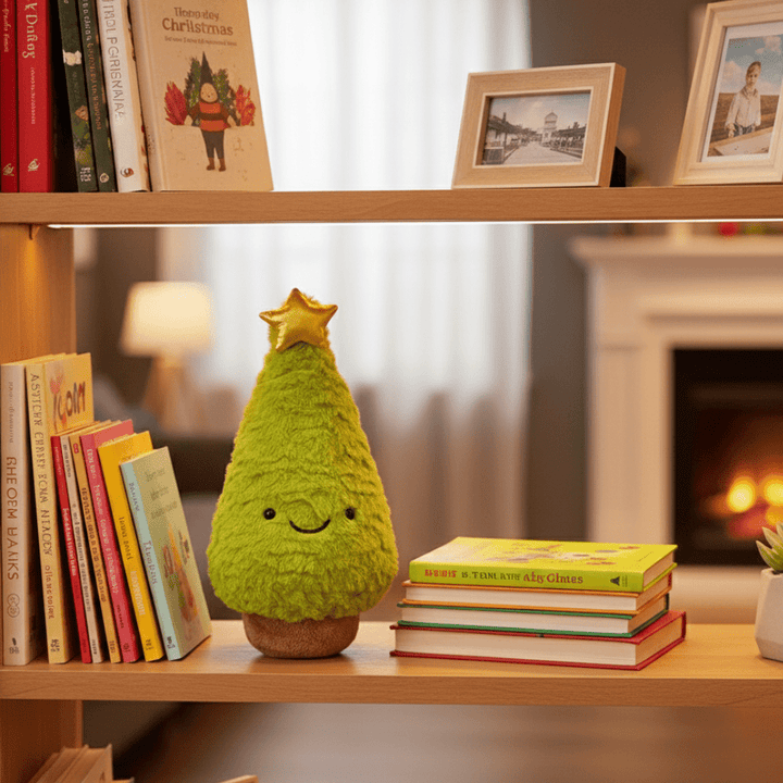 Small plush Christmas tree figurine, a charming and soft holiday decor accent for any home.