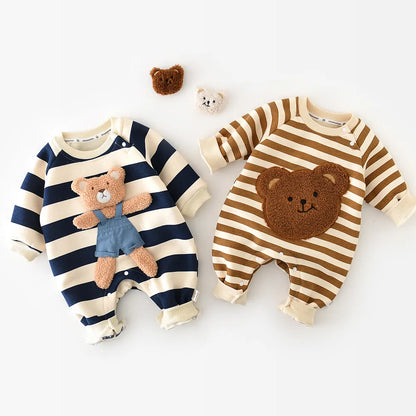 Cozy striped bear baby romper for infants, thick lining, perfect for autumn/spring