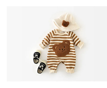Organic cotton striped bear baby romper, soft and breathable for infants
