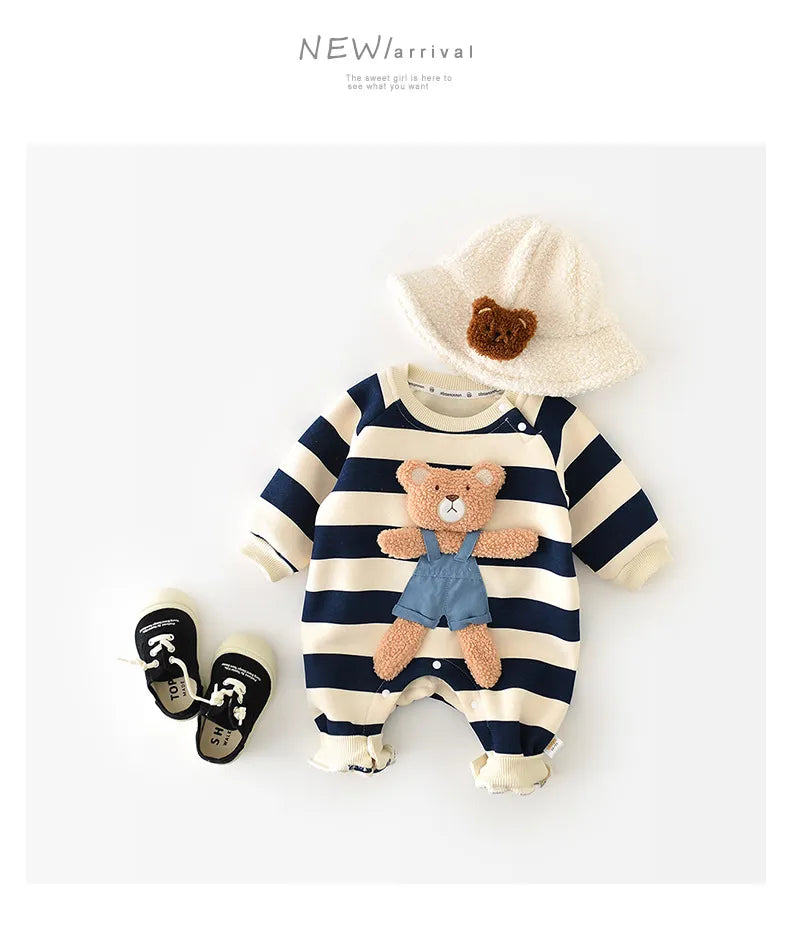Unisex striped bear baby romper, front view, highlighting the striped pattern