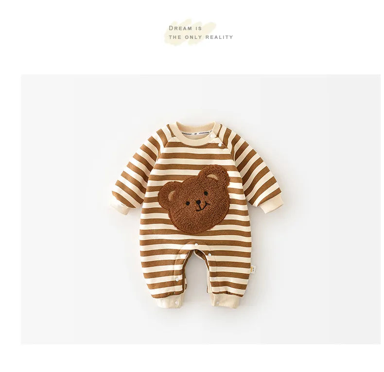 Back view of a baby in a striped bear romper, showing the full design, cozy outfit