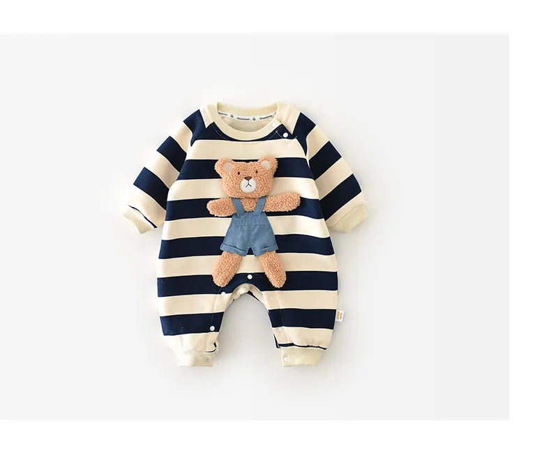 Infant striped bear romper, close-up of the thick lining material, warmth detail
