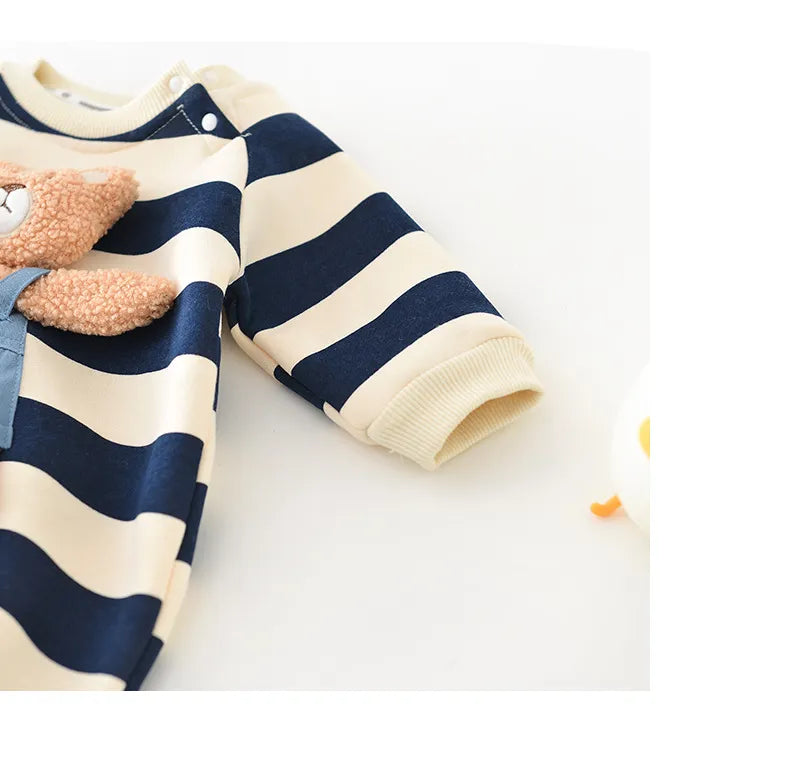 Cozy baby outfit: Striped bear romper made from soft, thick cotton