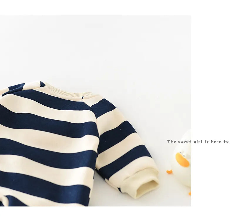 Toddler autumn wear: Striped bear romper with warm thick lining, outdoor play