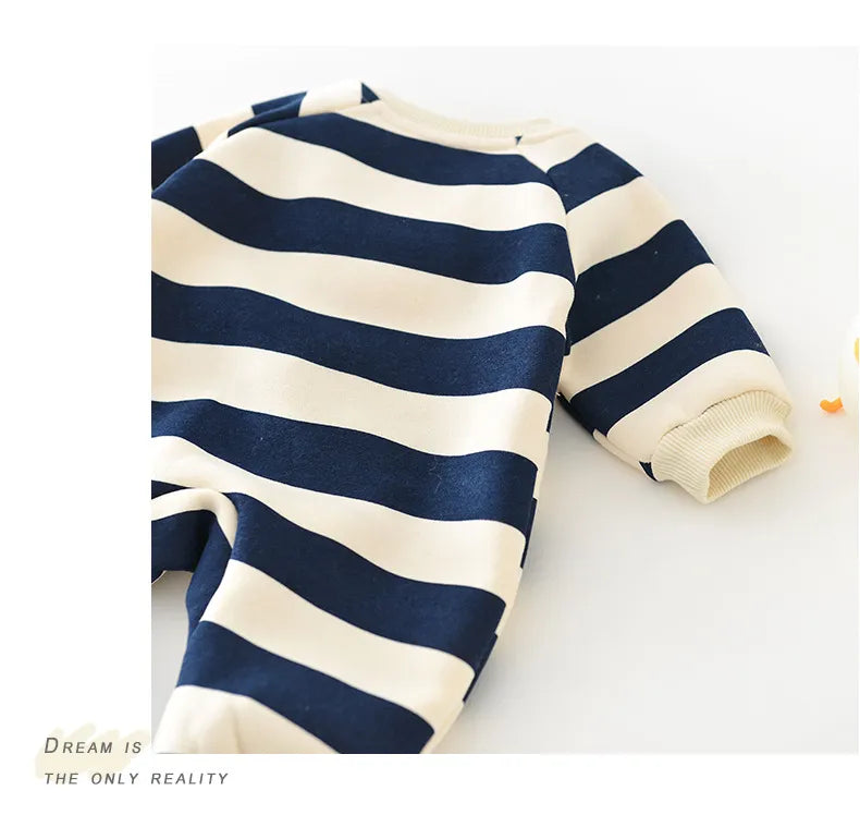 Unisex baby body suit: Striped bear romper, full-body coverage for infants