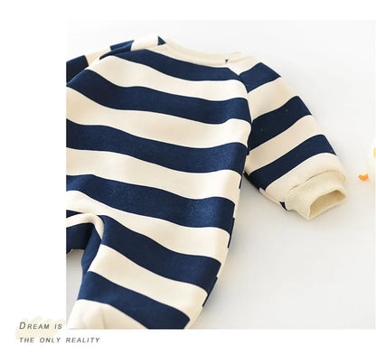 Unisex baby body suit: Striped bear romper, full-body coverage for infants