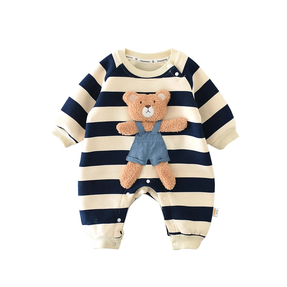 Versatile striped bear romper for babies, thick lining for warmth, infant fashion