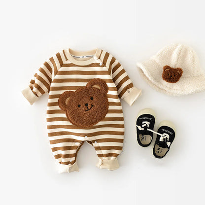 Toddler striped bear romper with thick lining, ideal cozy autumn baby wear