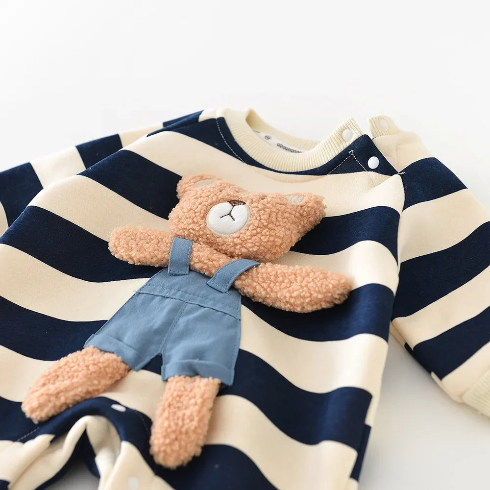 Infant unisex striped bear romper, soft cotton for spring, comfortable baby outfit