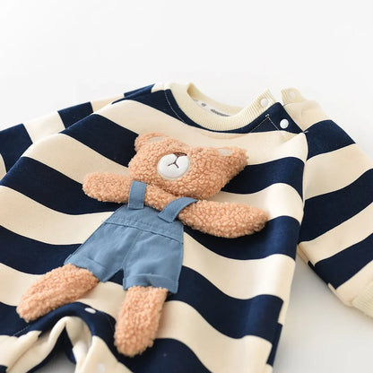 Infant unisex striped bear romper, soft cotton for spring, comfortable baby outfit