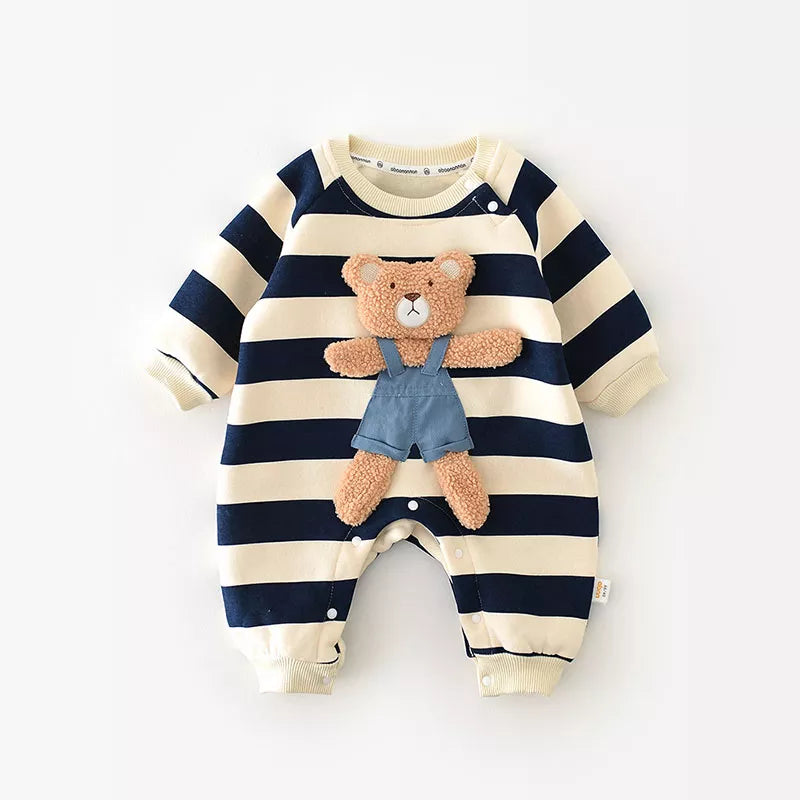 Cute baby in a striped bear romper, showcasing the full design, newborn fashion