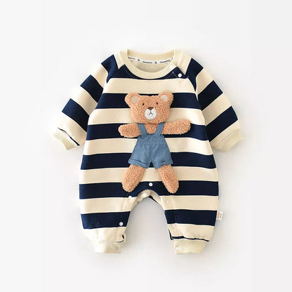 Cute baby in a striped bear romper, showcasing the full design, newborn fashion