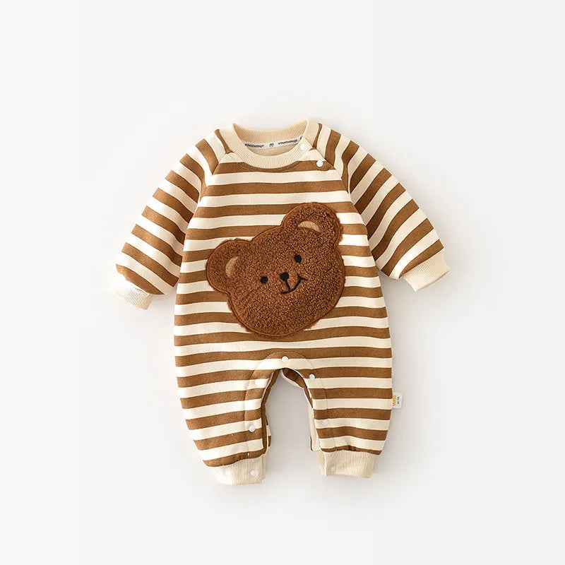 Unisex baby rompers, striped bear design, thick lining, autumn/spring collection