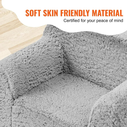 Toddler armchair in plush purple fleece, designed as comfortable reading chair for a baby's room or playroom.