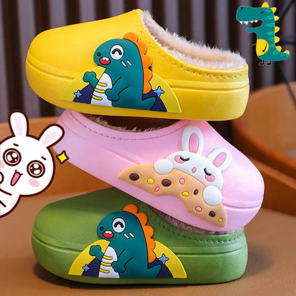Cozy waterproof animal print children's slippers, perfect for indoor & outdoor toddler winter footwear.