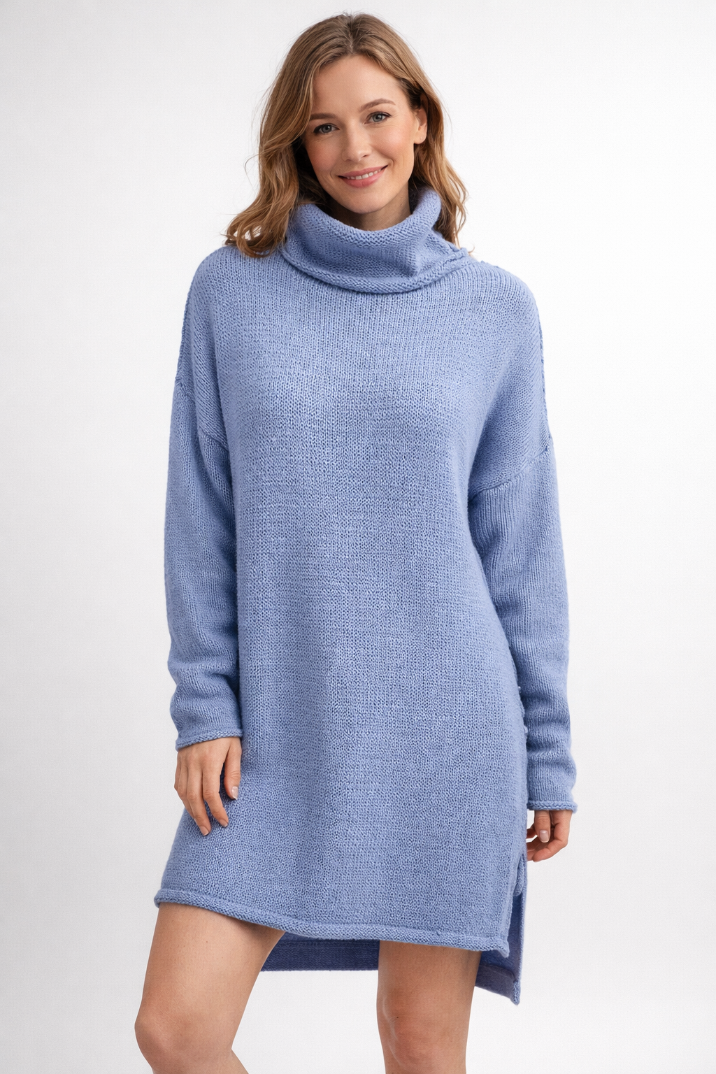 Cozy women's turtleneck long sweater in a neutral tone, perfect for elegant fall & winter casual wear.