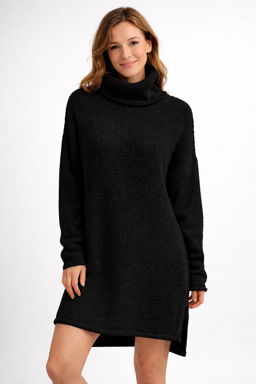 Warm oversized women's turtleneck long sweater, ideal for winter clothing & stylish fall outfits.