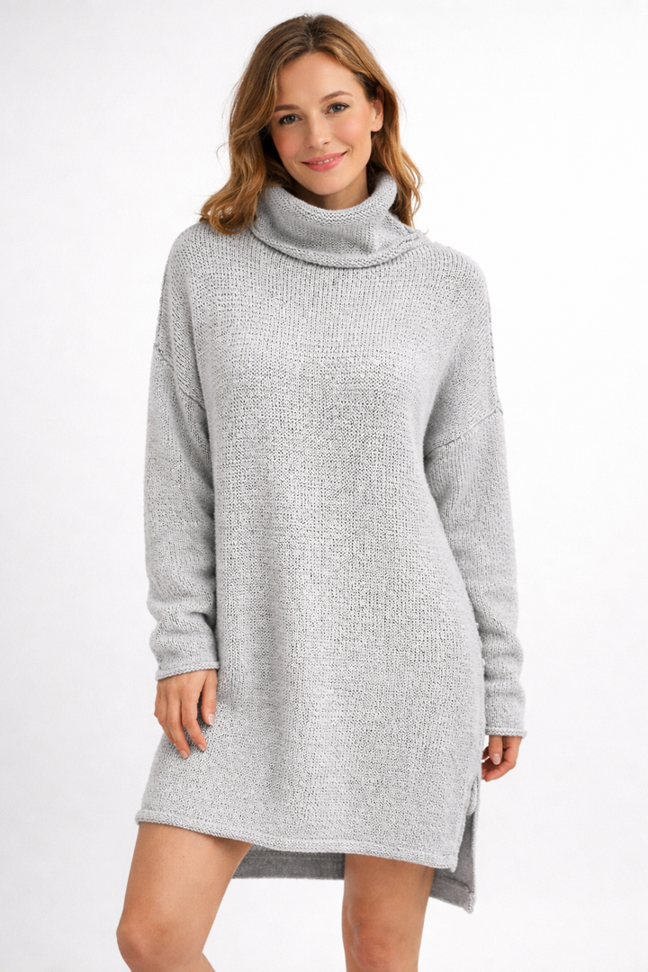 Soft knit women's long turtleneck sweater, a cozy & versatile top for winter fashion & casual wear.