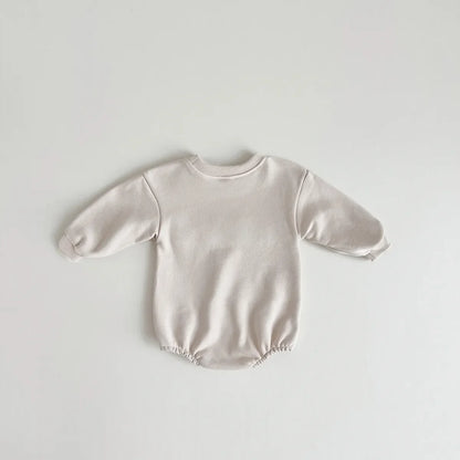 Stylish khaki baby romper, 'love' embroidered, perfect for infant clothing and baby outfits.