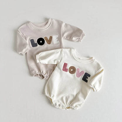 Cute khaki baby jumpsuit with 'love' design, suitable for spring and autumn baby outfits.