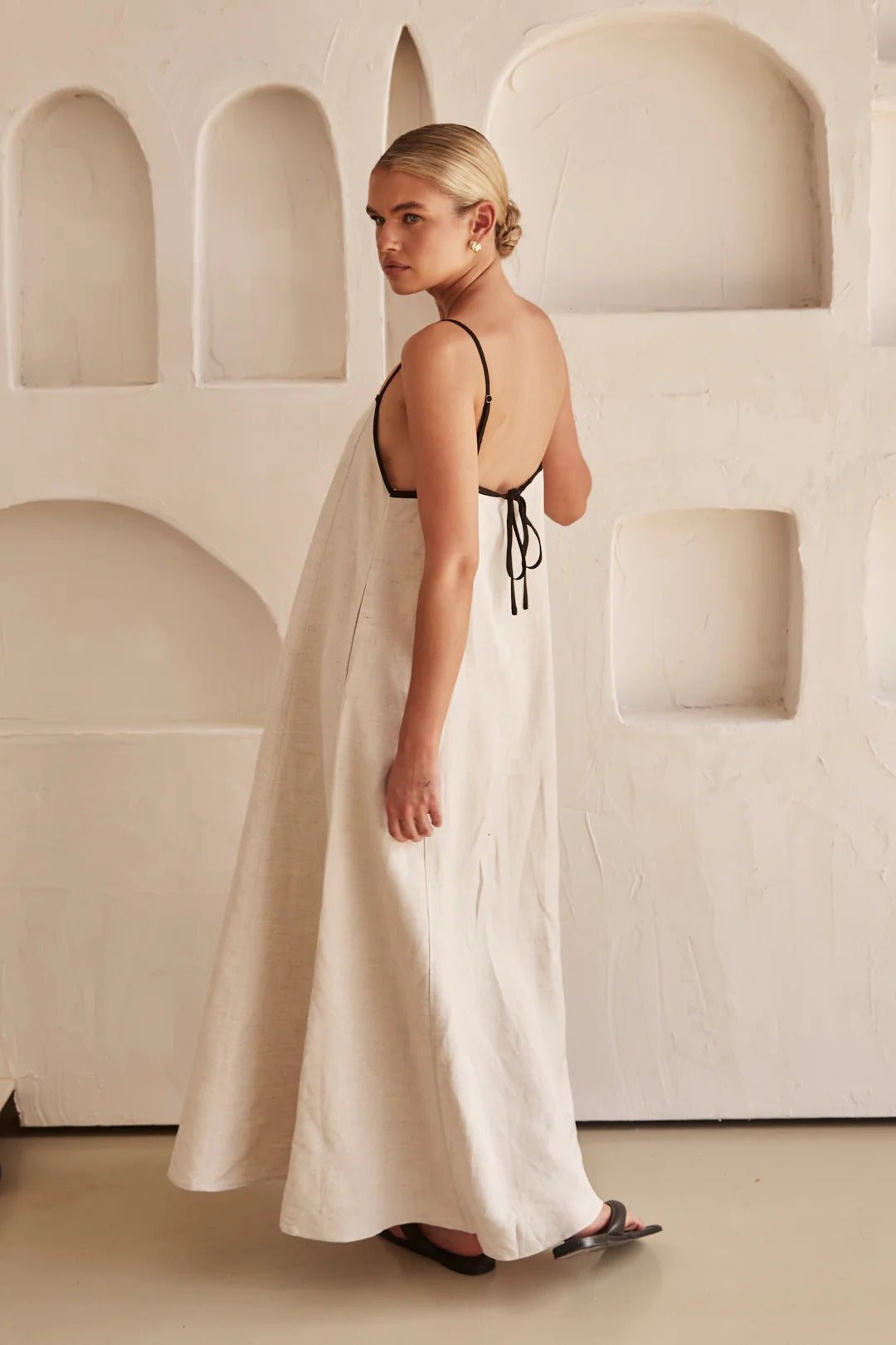 Women's summer cream maxi dress, square neck, spaghetti straps, oversized for comfort, stylish contrast trim.