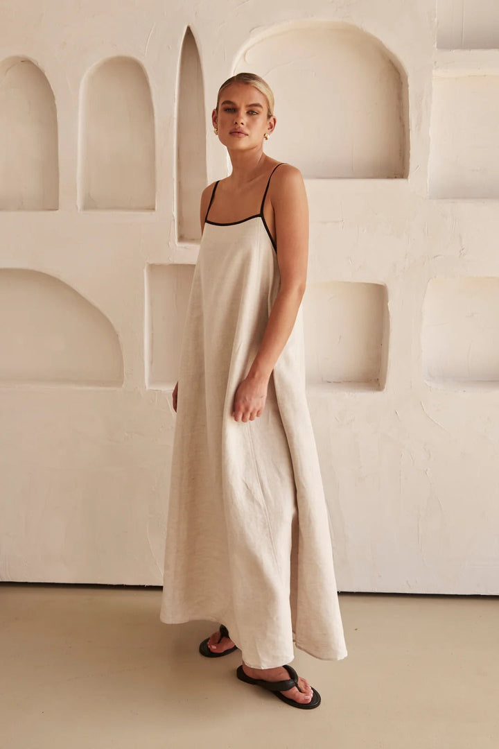 Comfortable women's cream maxi dress, contrast trim, square neck, spaghetti strap, oversized summer style.